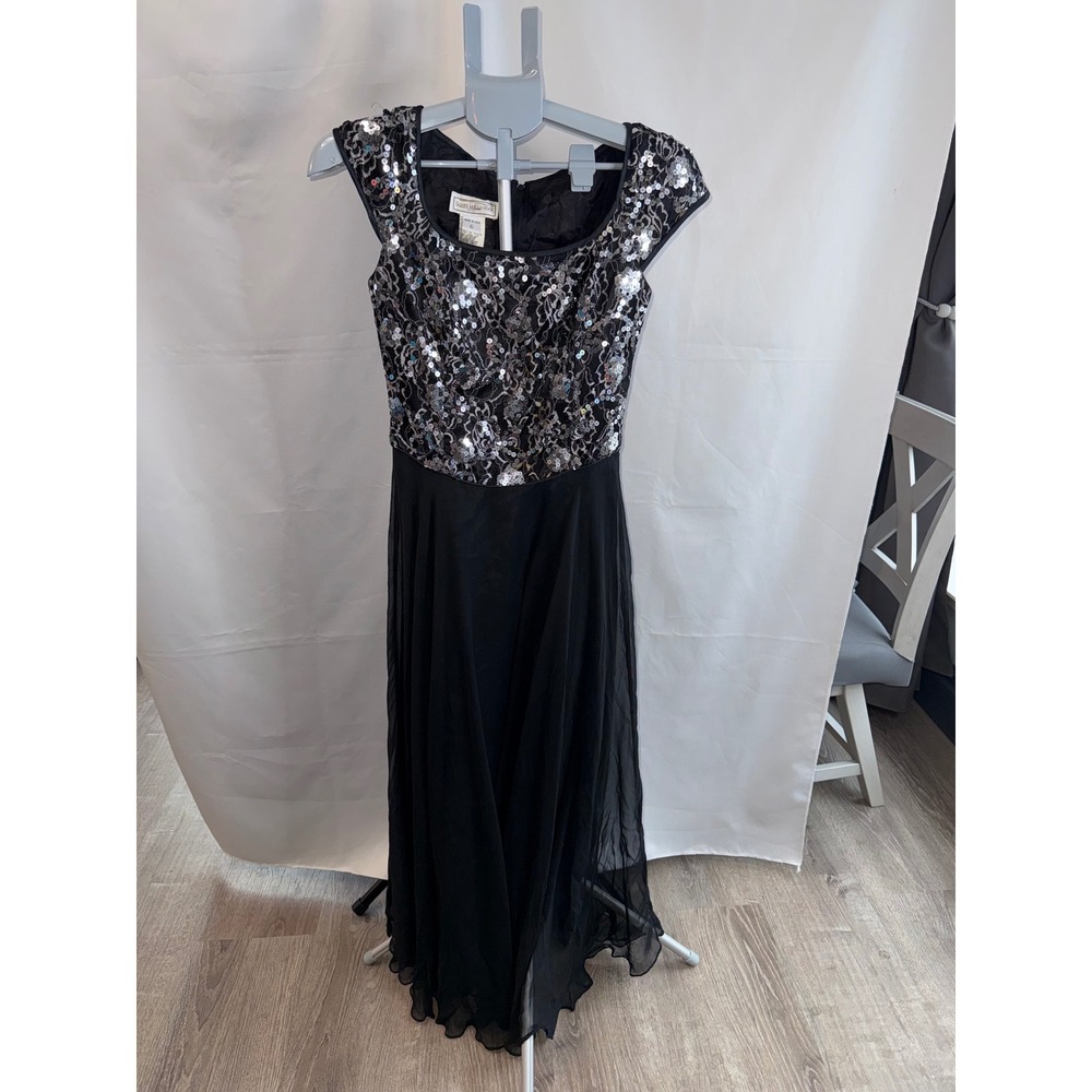 Scott McClintock Vintage 90s Black Silver Sequin Lace Chiffon Gown Dress Size 6